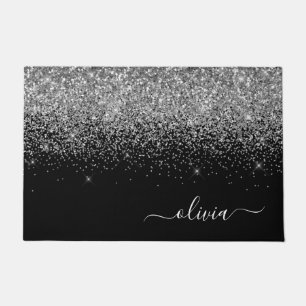 Silver Black Glitter Script Monogram Girly Name Doormat