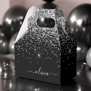 Silver Black Glitter Script Monogram Girly Name Favour Box