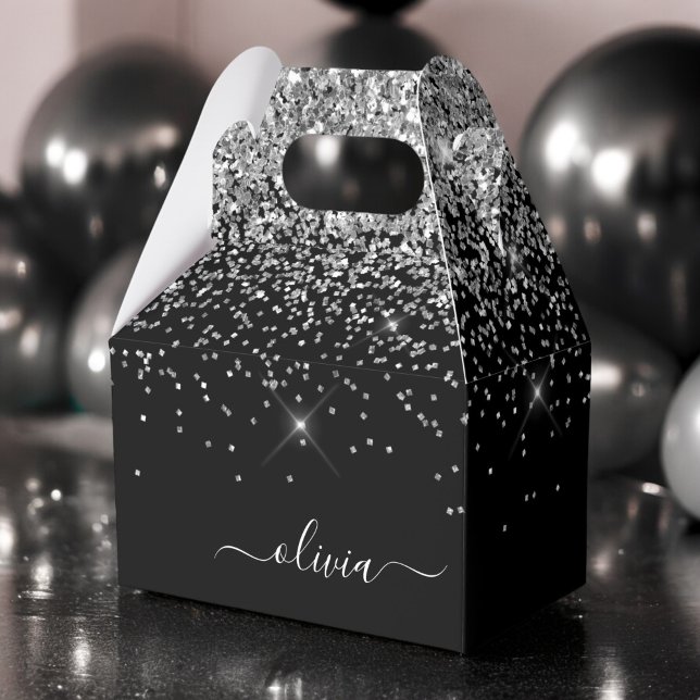 Silver Black Glitter Script Monogram Girly Name Favour Box (Creator Uploaded)