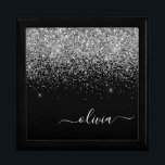 Silver Black Glitter Script Monogram Girly Name Gift Box<br><div class="desc">Black and Silver Sparkle Glitter script Monogram Name Jewellery Keepsake Box. This makes the perfect graduation,  birthday,  wedding,  bridal shower,  anniversary,  baby shower or bachelorette party gift for someone that loves glam luxury and chic styles.</div>