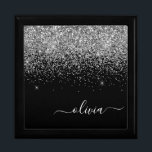 Silver Black Glitter Script Monogram Girly Name Gift Box<br><div class="desc">Black and Silver Sparkle Glitter script Monogram Name Jewellery Keepsake Box. This makes the perfect graduation,  birthday,  wedding,  bridal shower,  anniversary,  baby shower or bachelorette party gift for someone that loves glam luxury and chic styles.</div>