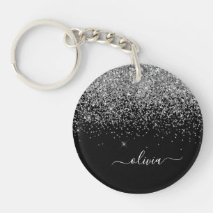 Silver Black Glitter Script Monogram Girly Name Key Ring