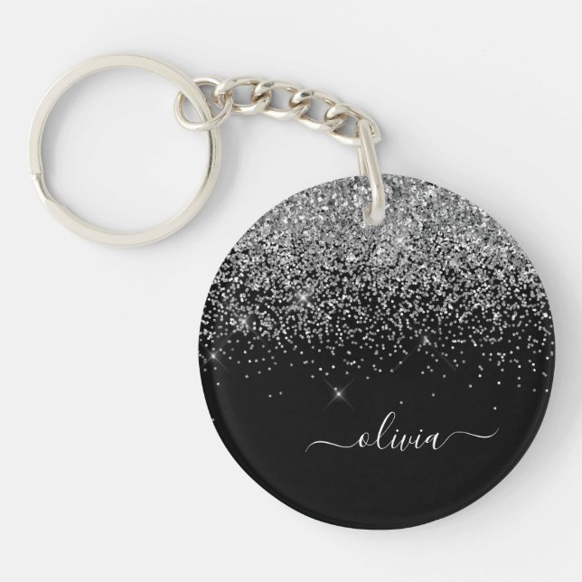 Silver Black Glitter Script Monogram Girly Name Key Ring (Front)