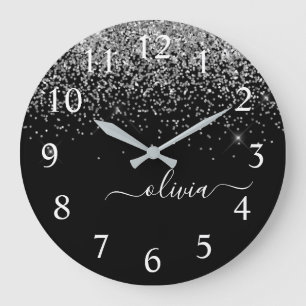 Silver Black Glitter Script Monogram Girly Name Large Clock
