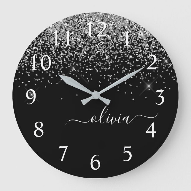 Silver Black Glitter Script Monogram Girly Name Large Clock (Front)