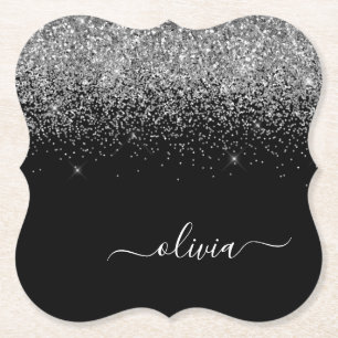 Silver Black Glitter Script Monogram Girly Name Paper Coaster