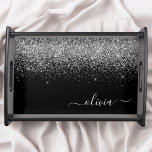 Silver Black Glitter Script Monogram Girly Name Serving Tray<br><div class="desc">Black and Silver Faux Sparkle Glitter Script Monogram Name Place Serving Tray. This makes the perfect graduation,  birthday,  wedding,  bridal shower,  anniversary,  baby shower or bachelorette party gift for someone that loves glam luxury and chic styles.</div>