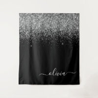 Silver Black Glitter Script Monogram Girly Name