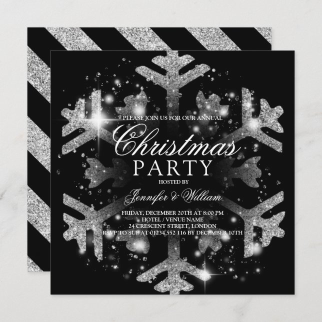Silver& Black Glitter Snowflake Xmas Holiday Party Invitation (Front/Back)