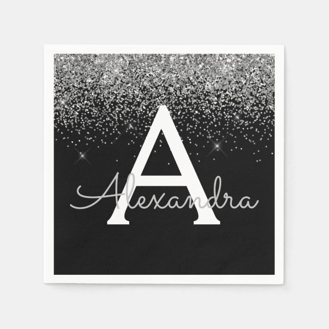 Silver Black Glitter & Sparkle Monogram Birthday Napkin (Front)