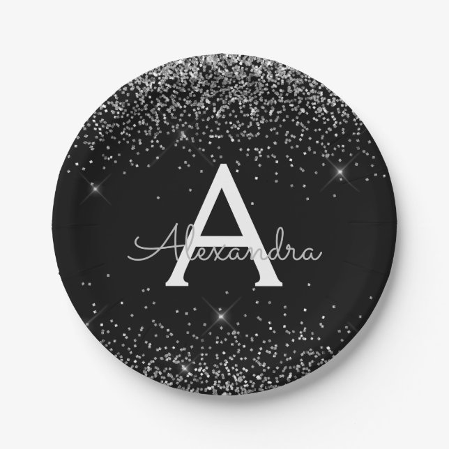 Silver Black Glitter Sparkle Monogram Birthday Paper Plate (Front)