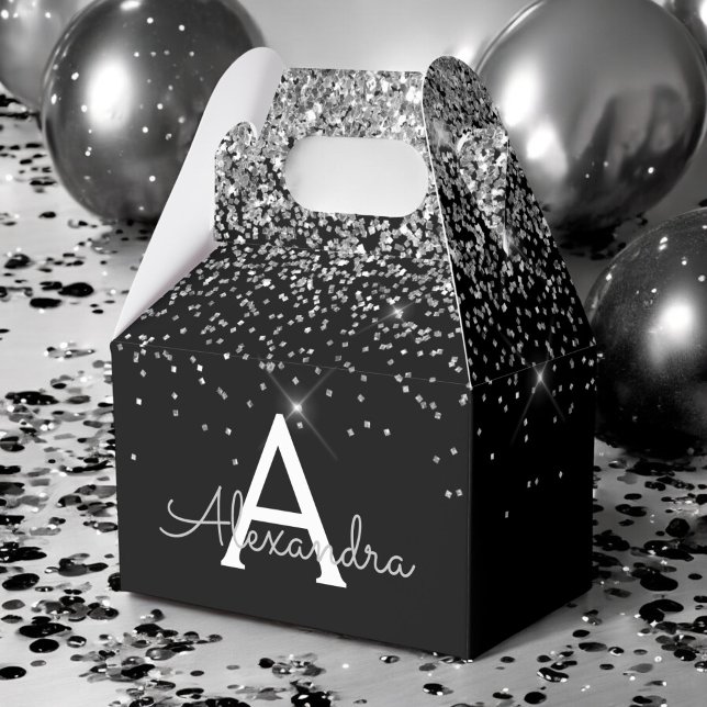 Silver Black Glitter & Sparkle Monogram Favour Box (Creator Uploaded)