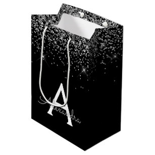 Silver Black Glitter & Sparkle Monogram Medium Gift Bag