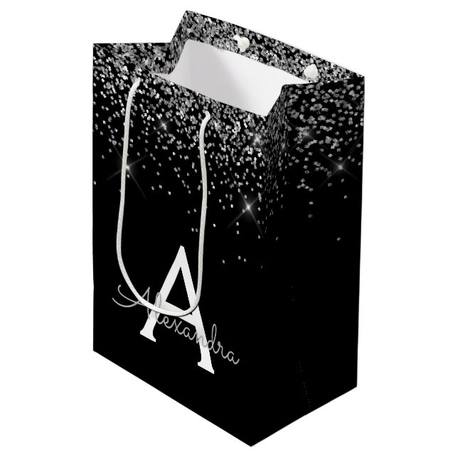 Silver Black Glitter & Sparkle Monogram Medium Gift Bag (Front Angled)
