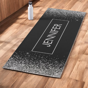 Silver Black Glitter Sparkle Monogram Name Yoga Mat