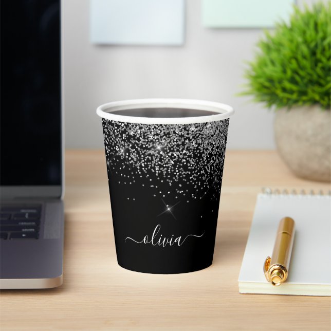 Silver Black Glitter Sparkle Monogram Paper Cups (Insitu)