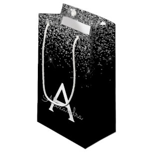 Silver Black Glitter & Sparkle Monogram Small Gift Bag
