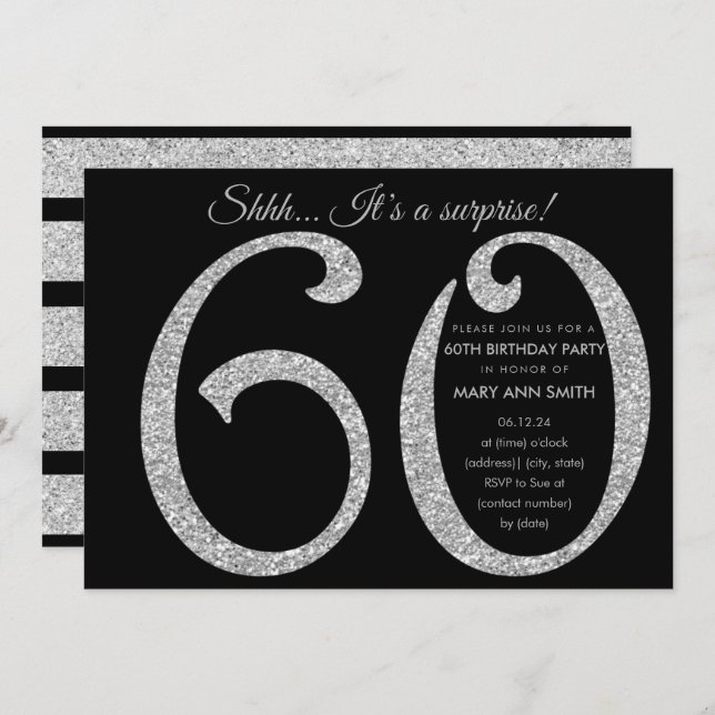Silver Black Glitter Surprise 60th Birthday Party Invitation (Front/Back)