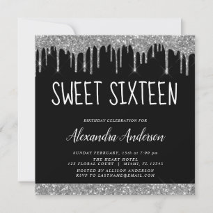 Silver Black Glitter Sweet Sixteen Birthday Invitation
