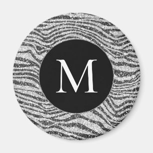 Silver Black Glitz Zebra Glitter Monogram Magnet