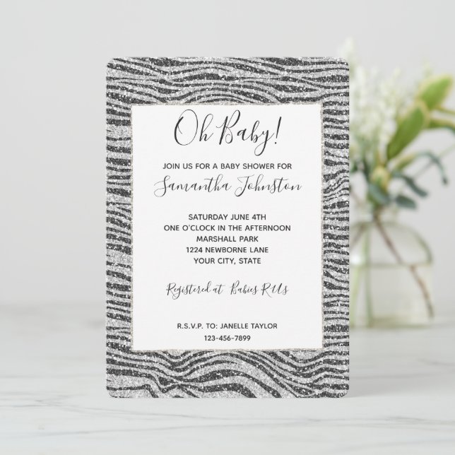 Silver Black Glitzy Zebra Print Glitter Invitation (Standing Front)