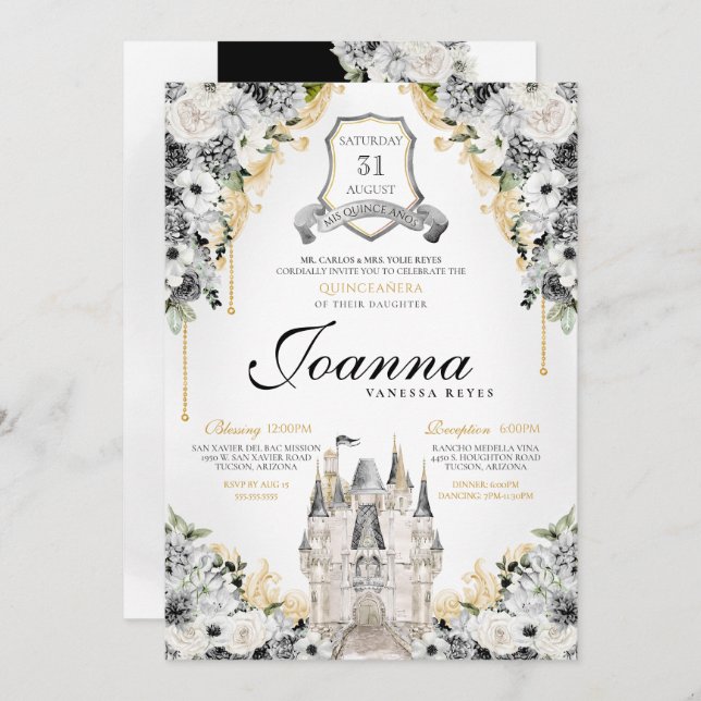 Silver Black Gold Floral Royal Princess Birthday Invitation (Front/Back)