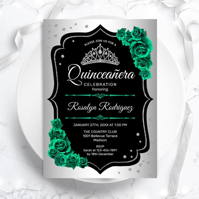 Silver Black Green Quinceanera Invitation (Creator Uploaded)