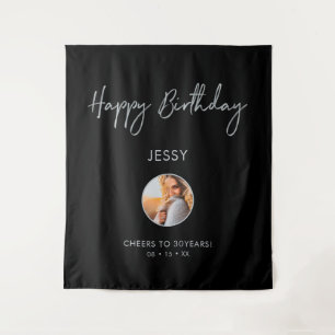 Silver & Black Happy Birthday Photo Party Backdrop Tapestry