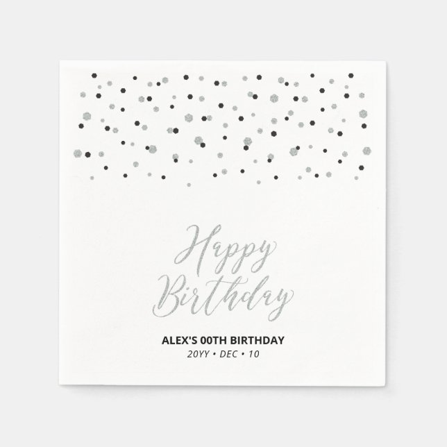 Silver & Black Hexagon Confetti Happy Birthday Napkin (Front)