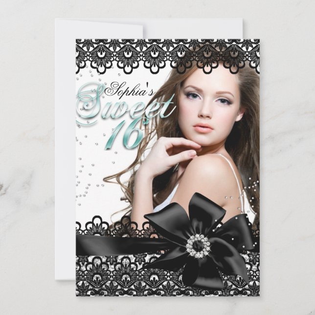 Silver Black Jade Lace Photo Sweet 16 Invite (Front)