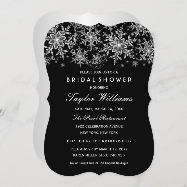 Silver Black Jewel Silver Snowflake Bridal Shower Invitation (Front/Back)
