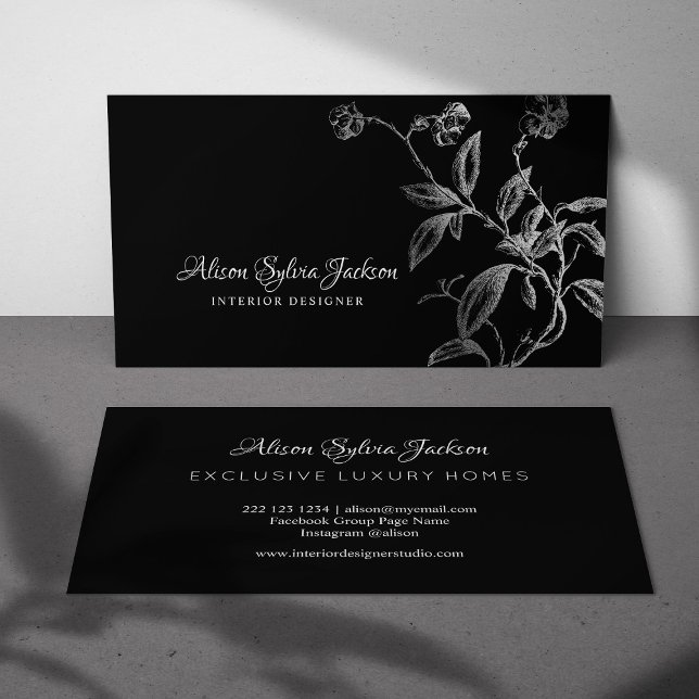 Silver black luxury elegant botanical foliage business card (Creator Uploaded)