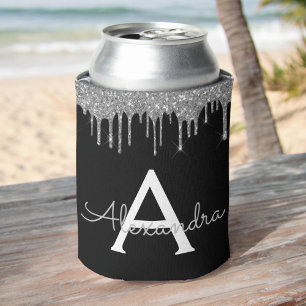 Silver Black Luxury Glitter Glam Monogram Name Can Cooler