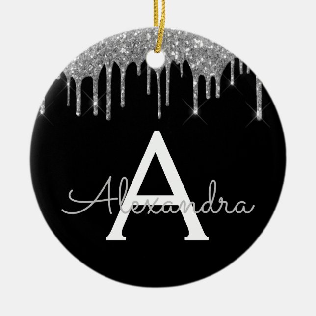 Silver Black Luxury Glitter Glam Monogram Name Ceramic Ornament (Front)