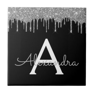 Silver Black Luxury Glitter Glam Monogram Name Ceramic Tile