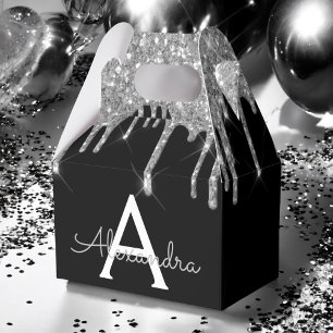 Silver Black Luxury Glitter Glam Monogram Name Favour Box