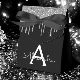 Silver Black Luxury Glitter Glam Monogram Name Favour Box
