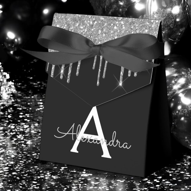 Silver Black Luxury Glitter Glam Monogram Name Favour Box (Creator Uploaded)