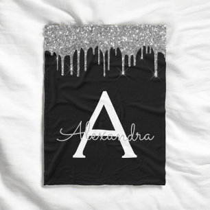 Silver Black Luxury Glitter Glam Monogram Name Fleece Blanket