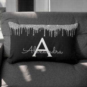 Silver Black Luxury Glitter Glam Monogram Name Lumbar Cushion