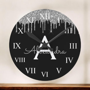 Silver Black Luxury Glitter Glam Monogram Name Round Clock