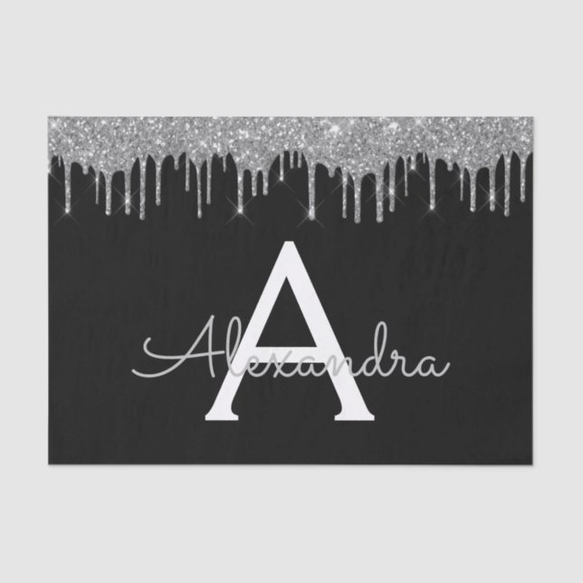 Silver Black Luxury Glitter Glam Monogram Name Tissue Paper (Front)