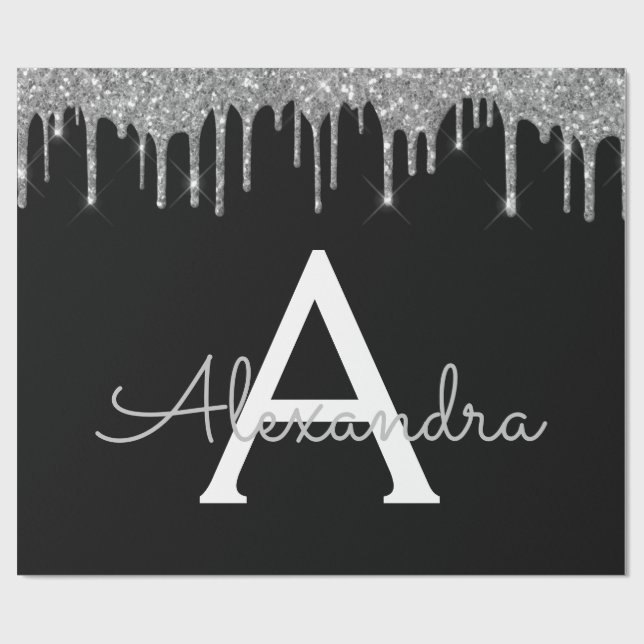 Silver Black Luxury Glitter Glam Monogram Name Wrapping Paper (Flat)