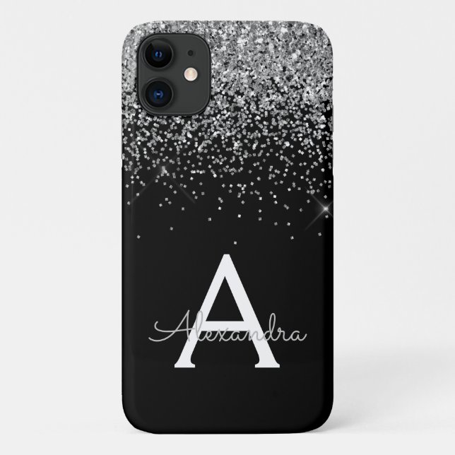 Silver Black Luxury Glitter Monogram Case-Mate iPhone Case (Back)