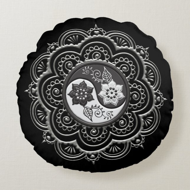 Silver & Black Mandala Round Cushion (Front)