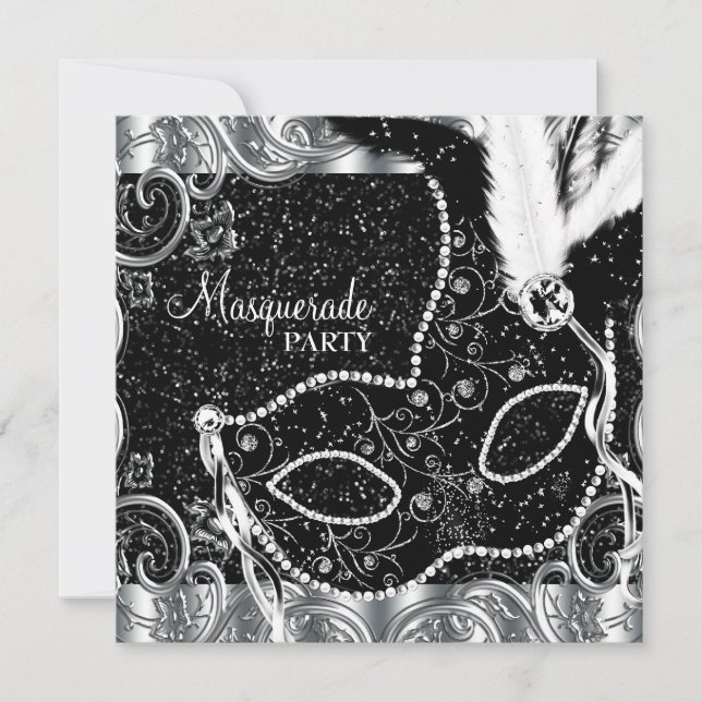 Silver Black Mask Masquerade Party Invitation (Front)