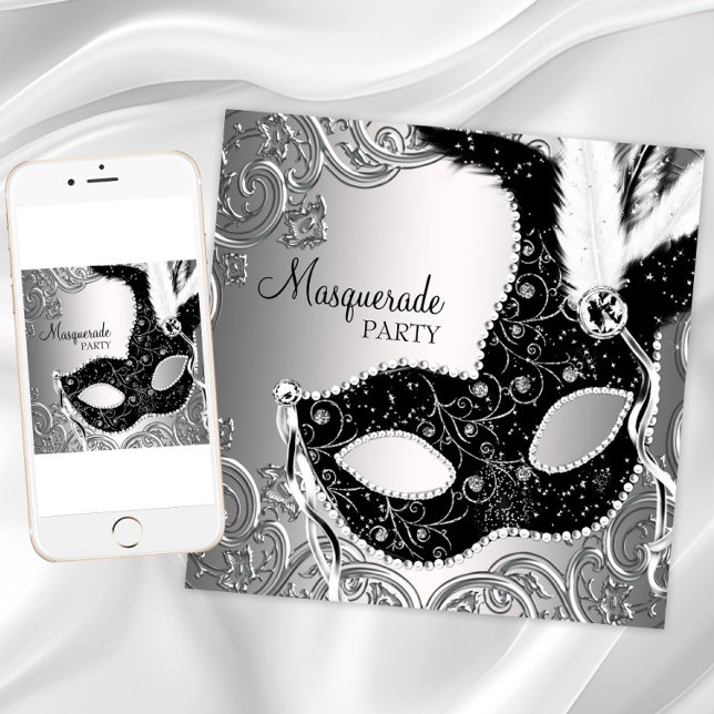 Silver Black Mask Masquerade Party Invitation (Pretty masquerade party invitation for any occasion. Download and printed invitations available.)
