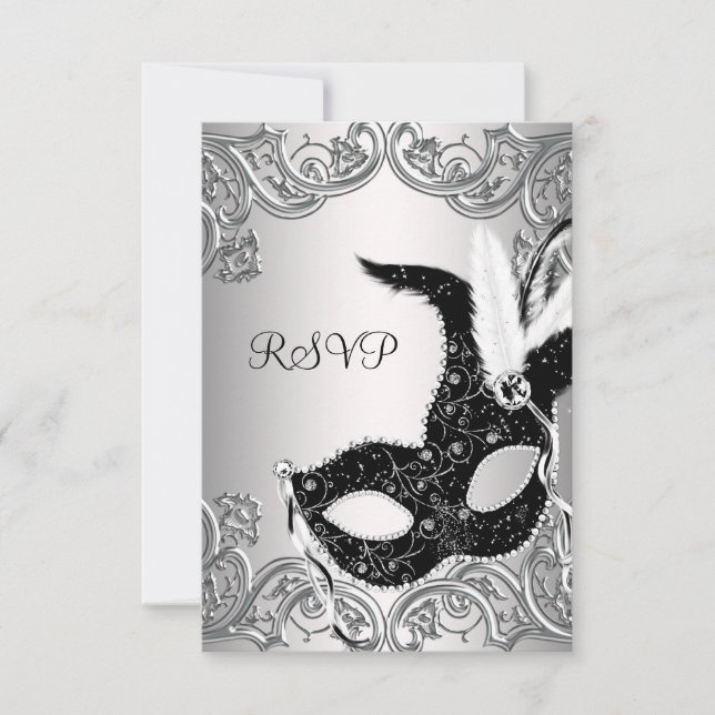 Silver Black Mask Masquerade Party RSVP Card (Front)