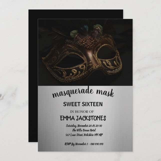 Silver Black Masquerade Mask Sweet 16 15 Birthday  Invitation (Front/Back)