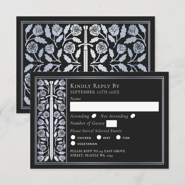 Silver Black Medieval Sword Wedding RSVP Card (Front/Back)